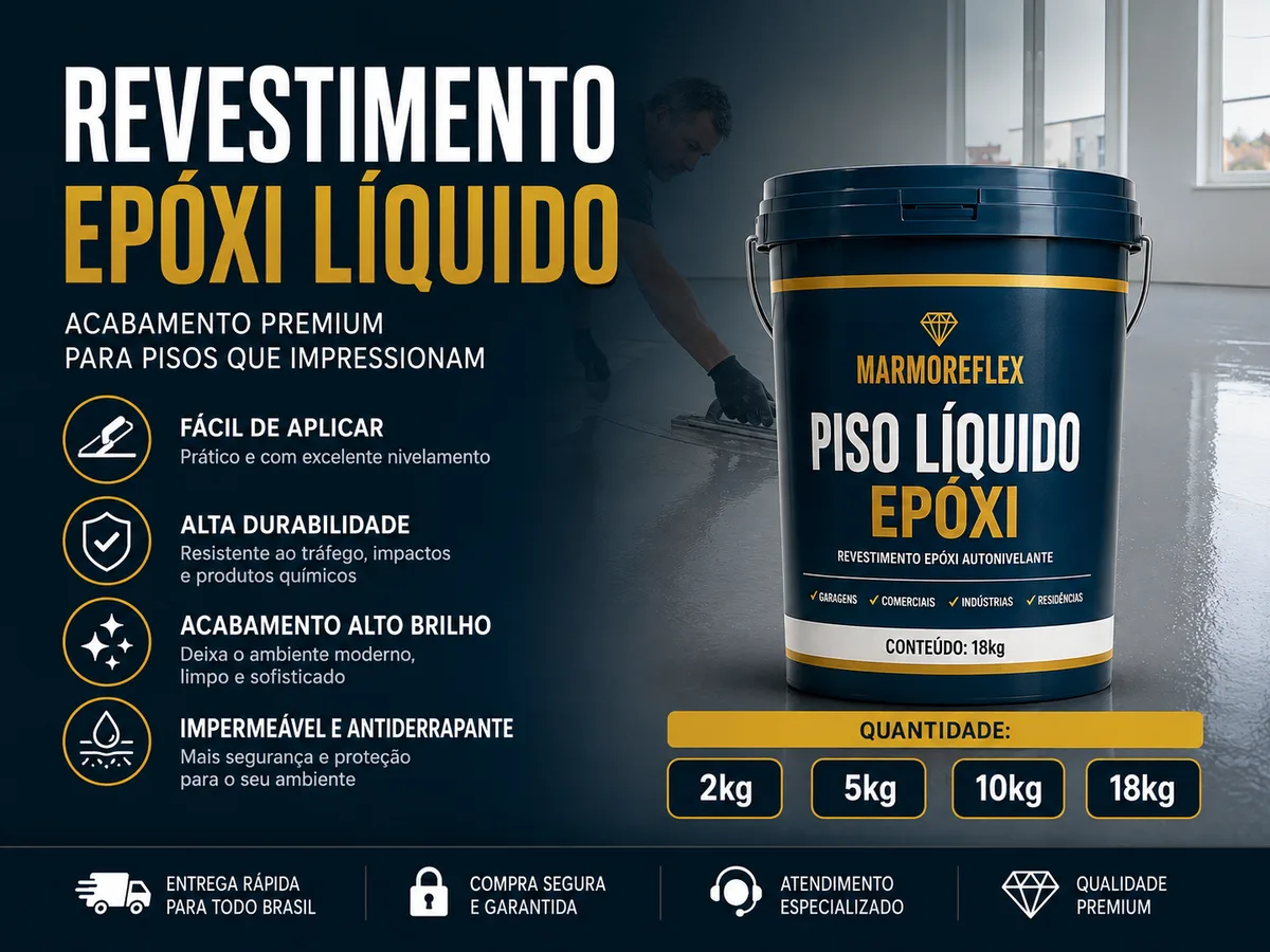 Revestimento epóxi líquido MarmoreFlex — acabamento premium, fácil de aplicar, alta durabilidade, alto brilho, impermeável e antiderrapante, nos tamanhos 2kg, 5kg, 10kg e 18kg