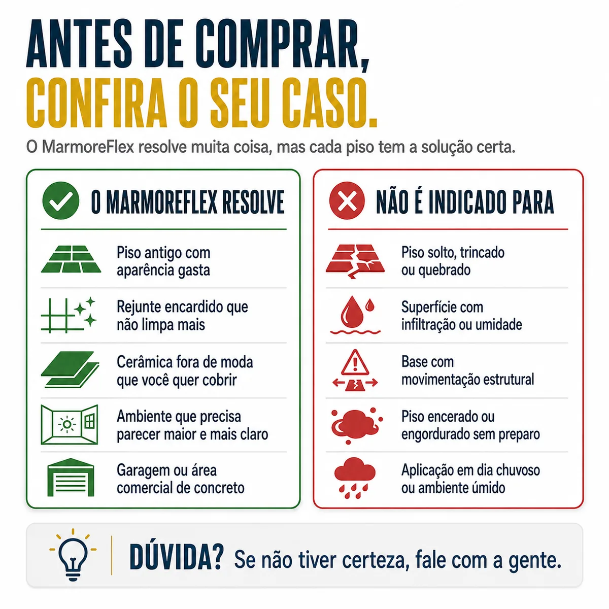 Antes de comprar: o MarmoreFlex resolve pisos gastos, rejunte encardido e cerâmica antiga, mas não é indicado para piso solto, infiltração ou base com movimentação estrutural