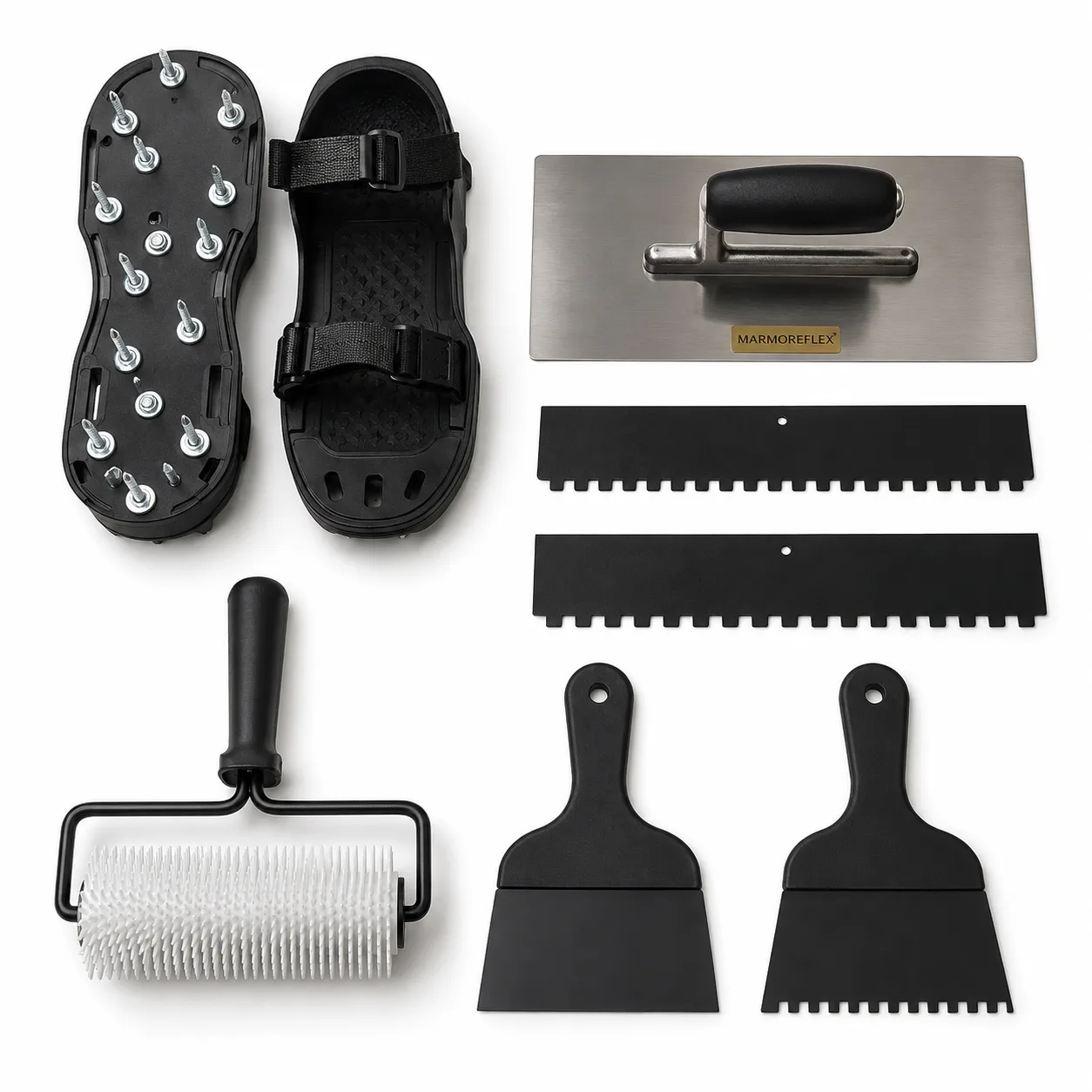 Kit de aplicação MarmoreFlex: desempenadeira de aço inox, rolo desaerador, espátulas e sapatos de pregos