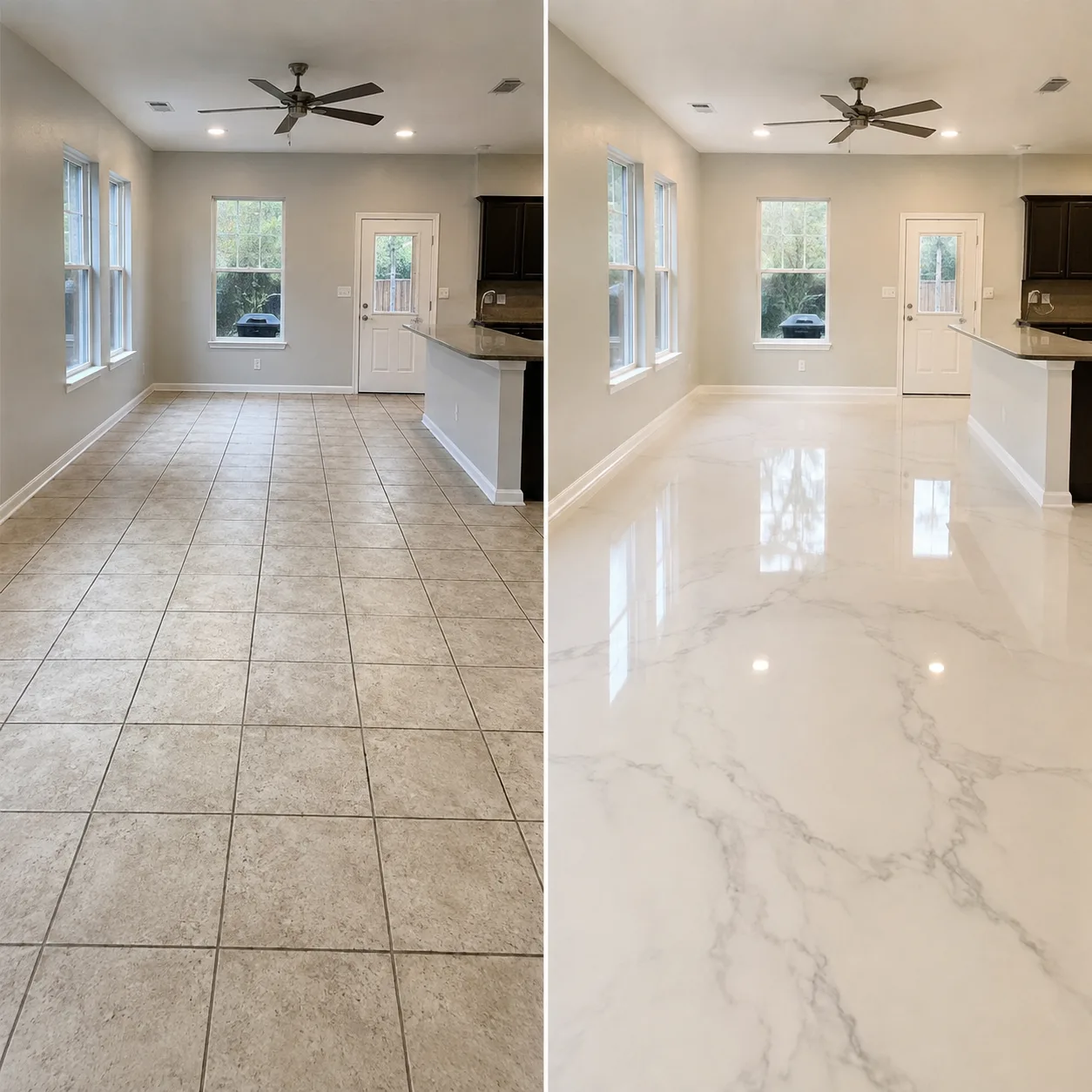 Comparativo antes e depois da aplicação do MarmoreFlex sobre piso cerâmico